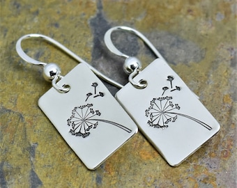 Dandelion Earrings, Sterling Silver Handmade Stamped Design, Custom Handcrafted Artisan Gift, Minimalist Jewerly, Simple Gift for Her, Wish