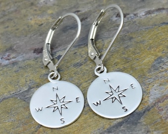 Minimalist Jewelry for Women Earrings fro Travelers Compass Earrings in Silver Best Friend Birthday Gifts for Her Hand Stamped Earrings