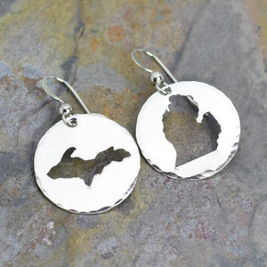 State of Michigan Earrings, Sterling Silver Jewelry Gift, Upper & Lower Peninsula, Michigander Gift ,Artisan Made Custom Stamped Design image 1