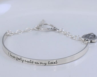 Personalized Mother’s Bracelet, Sterling Silver with Custom Hand Stamped Message, Gift for Mom, Remembrance Miscarriage, Footprints on Heart