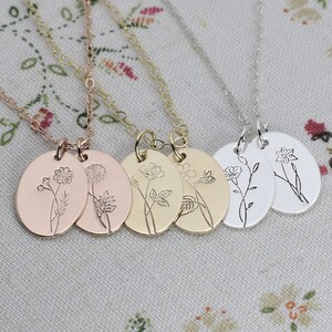 Birth Flower Necklace, Choice of Birth Month Pendant and Metal, Rose Gold, Yellow Gold, Sterling Silver Jewelry, Spring Flower Birthday Gift