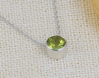 Peridot August Birthstone Necklace, Minimalist Sterling Silver Jewelry,  Gemstone Solitaire Pendant Slider, August Birthday Gift for Her