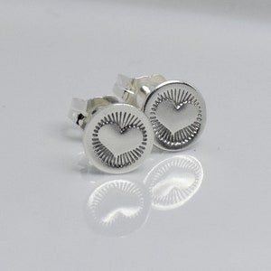 Radiant Heart Post Earrings, Sterling Silver Studs, Handmade Stamped Heart Design, Handcrafted Valentine&#39;s Day Gift, Minimalist Jewelry