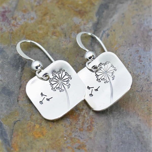 Dandelion Earrings, Sterling Silver, Handmade Whimsical Minimalist Jewelry, Design Stamped by Hand, Unique Gift for Girl, Botanical Theme