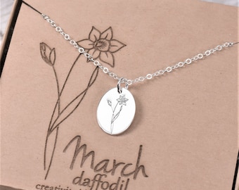 March Birth Flower Necklace with Daffodil Flower - Sterling Silver or Gold Jewelry as Birthday Gift for Daughter or Mom on Mother's Day