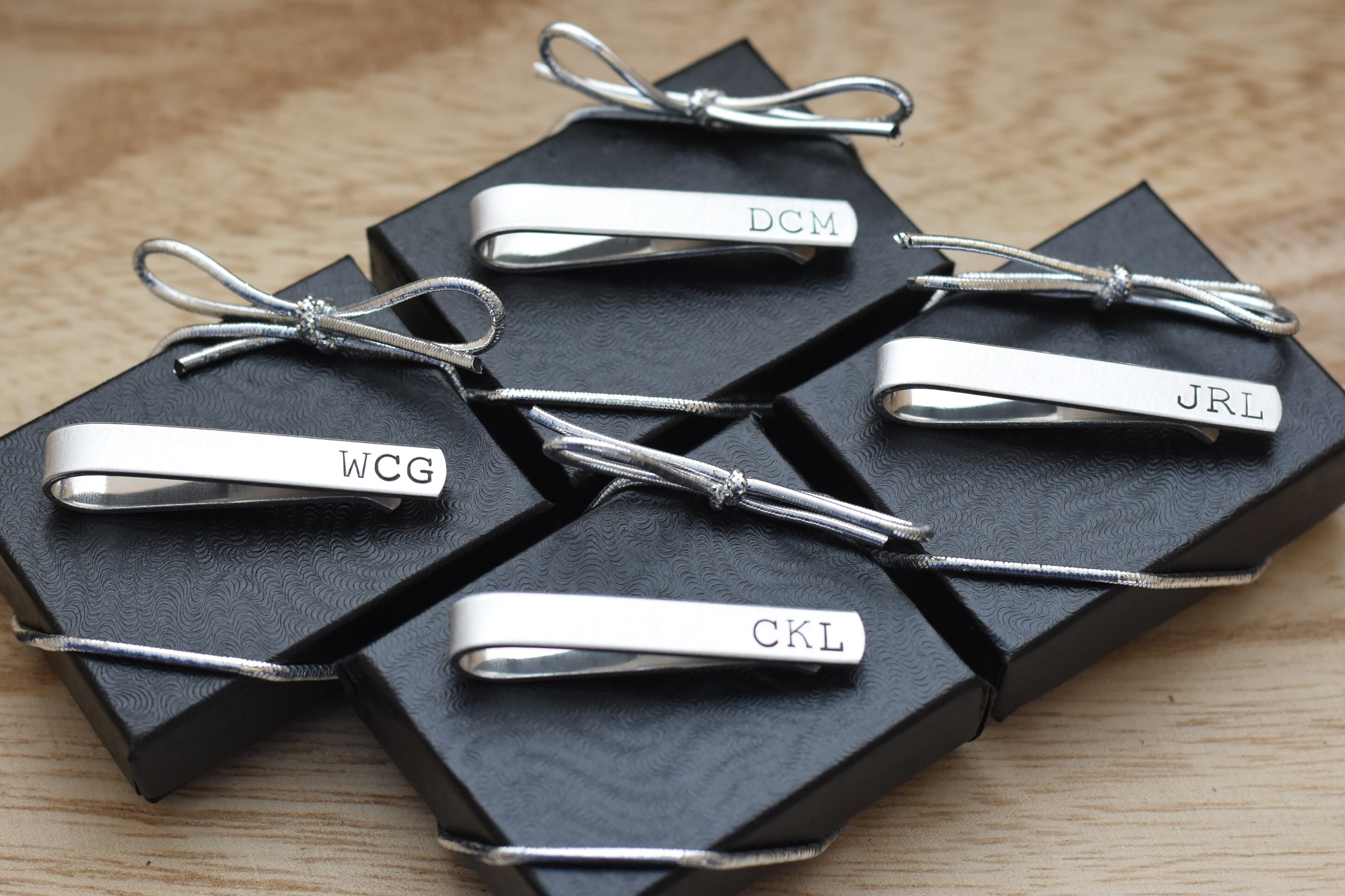 Long Tie Bar Sets for Groomsmen Gifts, Silver Aluminum 2.5 inch Tie Clip, Personalized initials or Monogram Only, Custom Wedding Party Favor