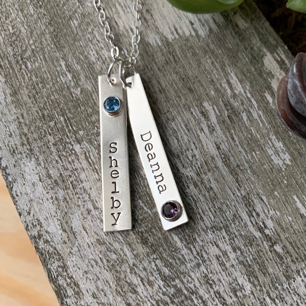 Personalized Bar Necklace, Custom Stamped Name, Bezel Set Birthstone, Vertical Pendant, Present for Mom, Artisan Sterling Silver Handmade