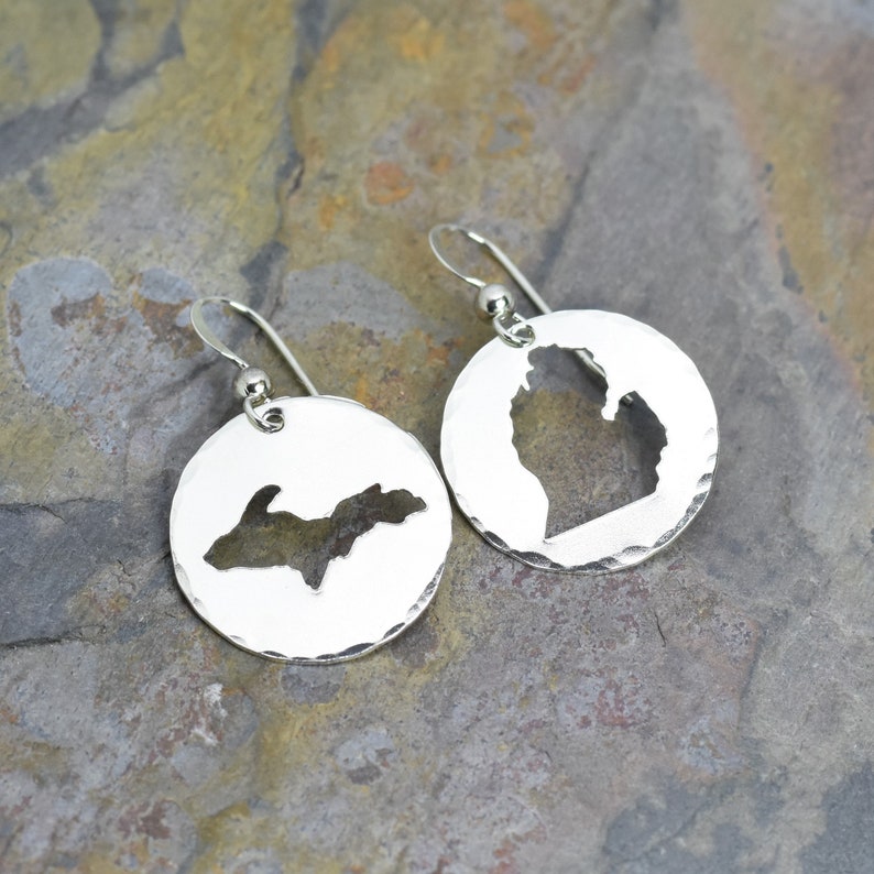 State of Michigan Earrings, Sterling Silver Jewelry Gift, Upper & Lower Peninsula, Michigander Gift ,Artisan Made Custom Stamped Design image 1