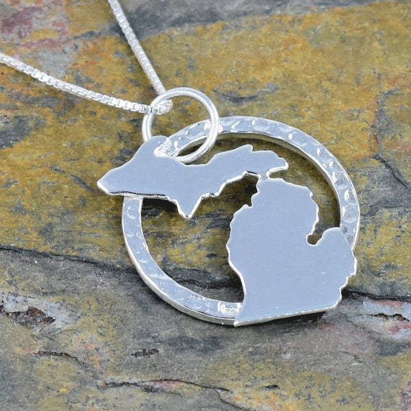 Michigan Necklace, Sterling Silver Jewelry, State of Michigan Gift, Upper & Lower Peninsula, Gift for Mom Artisan Made Custom Design