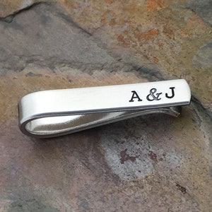 Personalized Tie Bar, Monogrameed Tie Clip with Initials, Groomsmen Favor, Father's Day Gift for Dad, Stamped Silver Anniversary Present