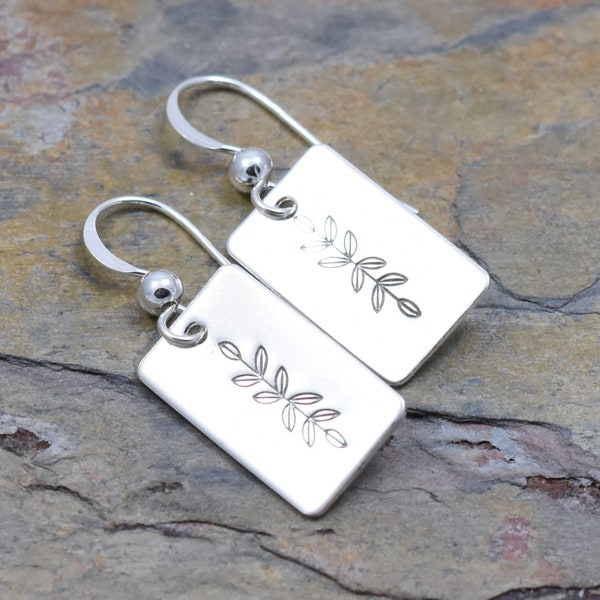 Symmetrical Branch Earrings, Vine Leaf Design, Handmade Sterling Silver Minimalist Jewelry, Design Stamped by Hand, Unique Gift for Grandma