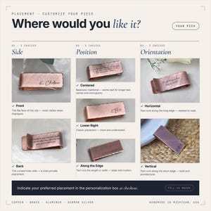 Engraving placement guide for personalized copper money clip — front flat side or back curved side, centered lower right lower left or along edge, horizontal or vertical orientation