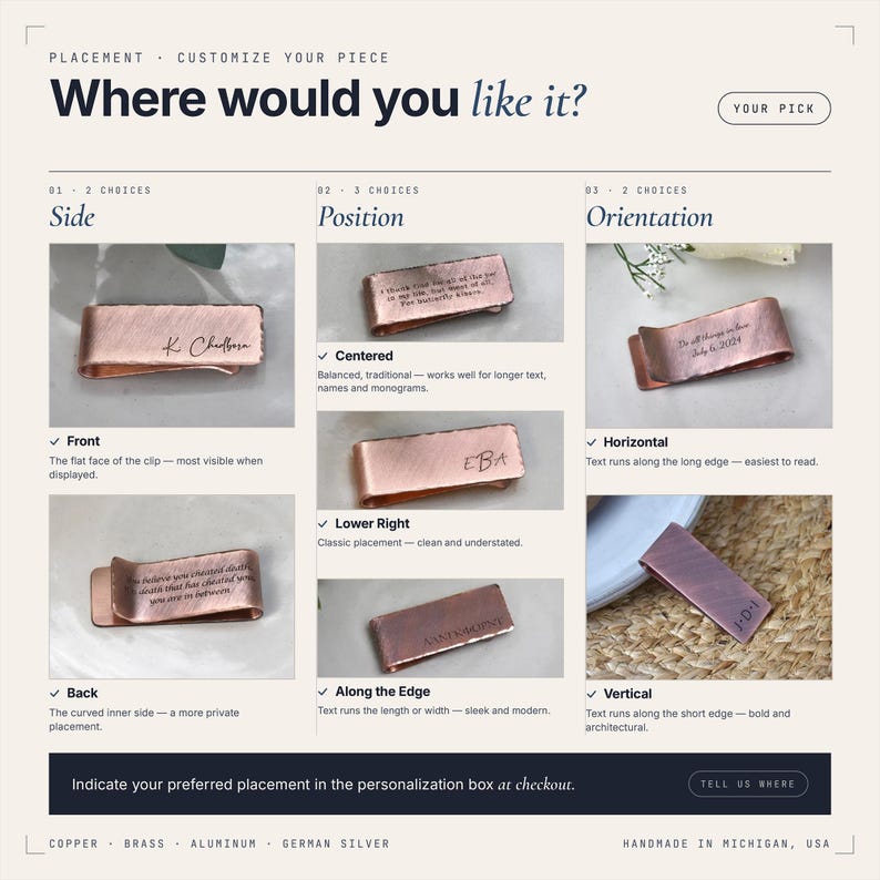 Engraving placement guide for personalized copper money clip — front flat side or back curved side, centered lower right lower left or along edge, horizontal or vertical orientation