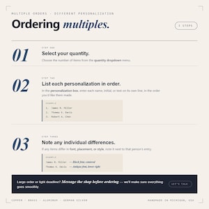 Guide for ordering multiple personalized items with different names or initials — select quantity from dropdown and list each personalization in order in the text box
