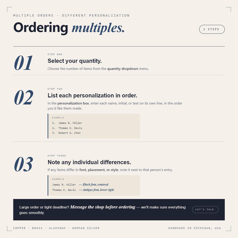 Guide for ordering multiple personalized items with different names or initials — select quantity from dropdown and list each personalization in order in the text box