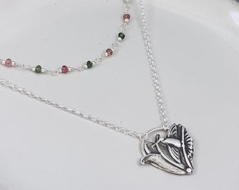 Hummingbird Flower Layered Necklace, Natural Tourmaline Gemstone, Antique Impression Jewelry, Sterling Silver, Artisan Handmade Jewelry