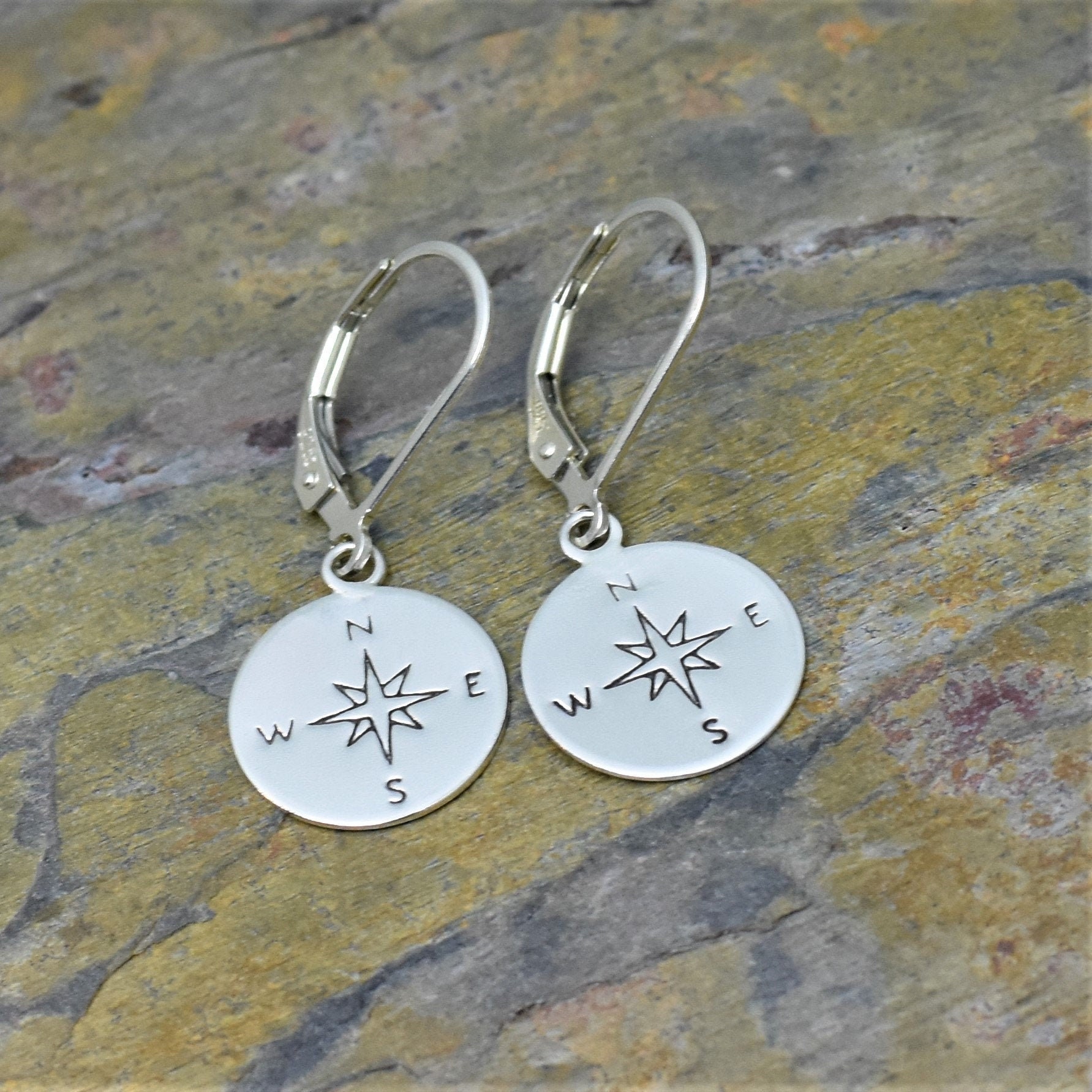 Compass Stud Earrings with Hammered Finish Sterling Silver Compass Stud Earrings with Hammered Finish Sterling Silver