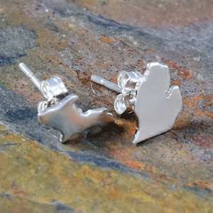 Michigander Sterling Silver Earrings: State of Michigan, Asymmetrical Upper and Lower Peninsula with Post Backs