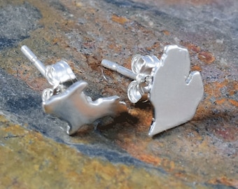 Puede incluir: Un par de pendientes de plata con forma del estado de Michigan. Los pendientes son pequeños y delicados, y serían un gran regalo para cualquier persona que ame el estado.