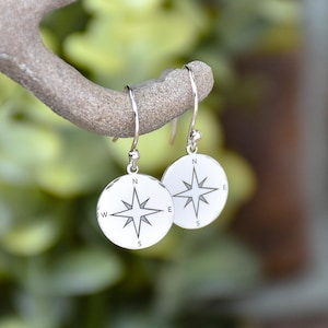 Compass Rose Earrings, Handmade Sterling Silver Jewelry Gift for Someone Going Places or Needing Direction