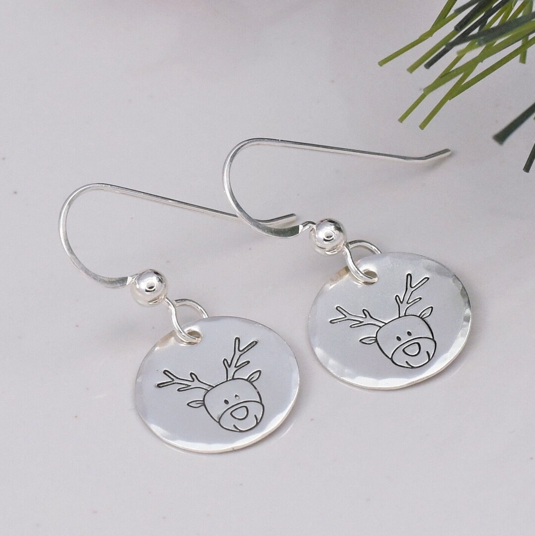 Reindeer Dangle Earrings, Sterling Silver Handmade Stamped Winter