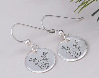Reindeer Dangle Earrings, Sterling Silver Handmade Stamped Winter Design, Christmas Gift, Ugly Sweater Accessory, Minimalist Jewelry