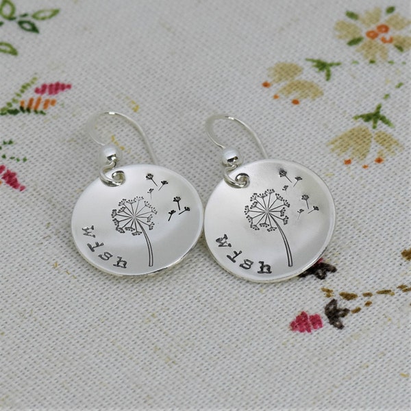 Dandelion Wish Earrings, Handmade Sterling Silve Minimalist Jewelry, Design Stamped by Hand, Unique Gift for Girl, Nature Inspired Gift