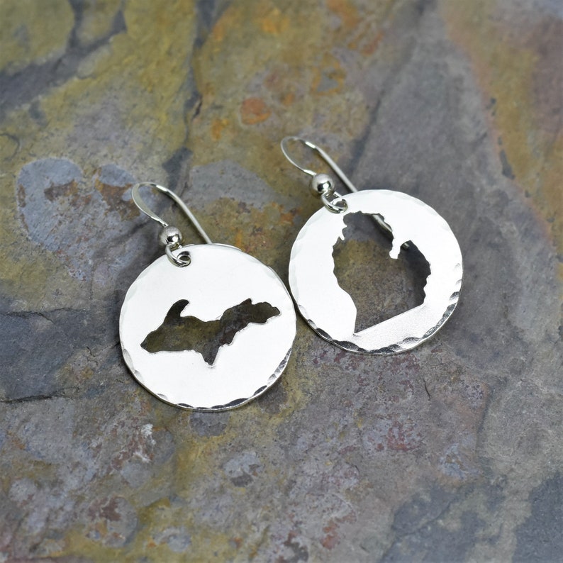 State of Michigan Earrings, Sterling Silver Jewelry Gift, Upper & Lower Peninsula, Michigander Gift ,Artisan Made Custom Stamped Design image 4