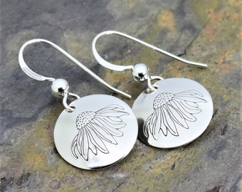 Cone Flower Earrings, Sterling Silver, Echinecea Bloom, Sunflower, Handmade Minimalist Jewelry, Design Stamped by Hand, Custom Crafted Gift