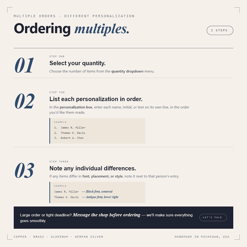 Guide for ordering multiple personalized items with different names or initials — select quantity from dropdown and list each personalization in order in the text box