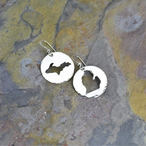 State of Michigan Earrings, Sterling Silver Jewelry Gift, Upper & Lower Peninsula, Michigander Gift ,Artisan Made Custom Stamped Design image 2