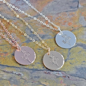 Birth Flower Necklace, Choice of Birth Month Pendant and Metal, Rose Gold, Yellow Gold, Sterling Silver Jewelry, Spring Flower Birthday Gift