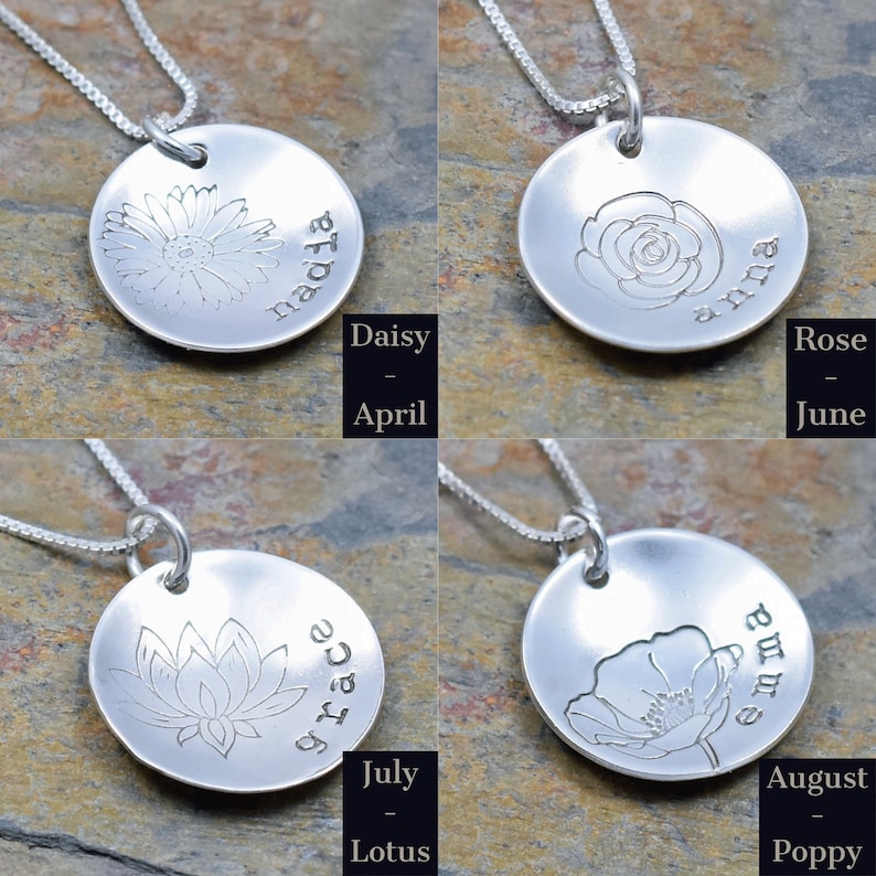 Birth Flower Jewelry with Personalized Name Lotus Flower Necklace for July Gift for Mom or Girl Artisan Handmade Sterling Silver