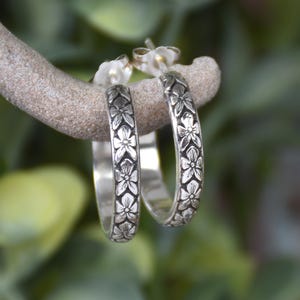 Floral Sterling Silver Hoop Earrings Hypoallergenic Post Back Hoops Artisan Handmade Everyday Jewelry Gift for Mom on Mother&#39;s Day
