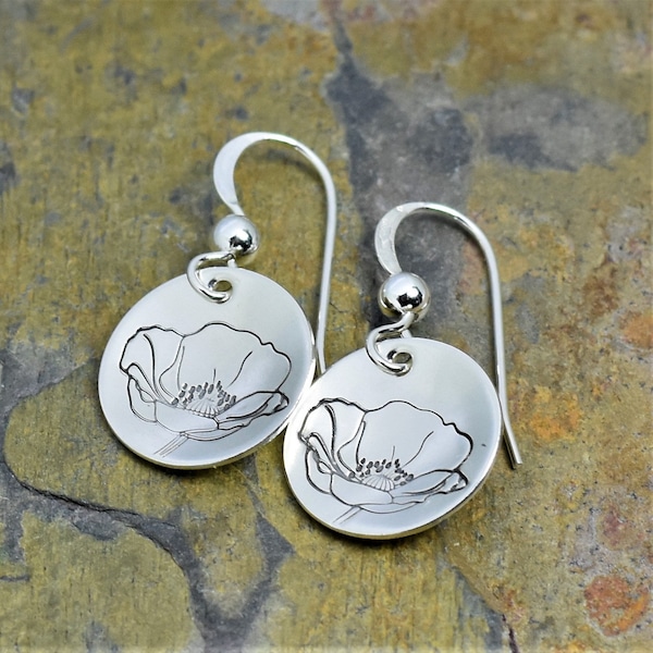 Poppy Flower Earrings, Sterling Silver, Nature Inspired, Handmade Minimalist Jewelry, Hand Stamped Design, Custom Crafted Gift for Her