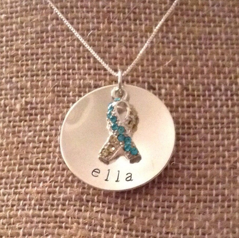 Personalized Down Syndrome Necklace, Blue & Yellow Ribbon, October Awareness Month, Trisomy 21, Artisan Made Stamped Sterling Silver Jewelry image 2