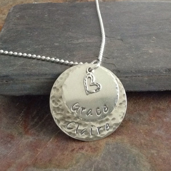 Personalized Hammered Necklace with Heart, Sterling Silver Mother’s Necklace, Stamped by Hand with Names, Custom Handmade Artisan Jewelry