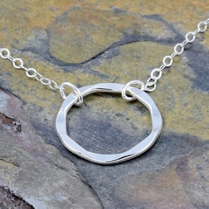 Hammered Eternity Circle Necklace, Adjustable Chain, Sterling Silver Jewelry, Handmade Gift for Girlfriend, Anniversary Present for Wife