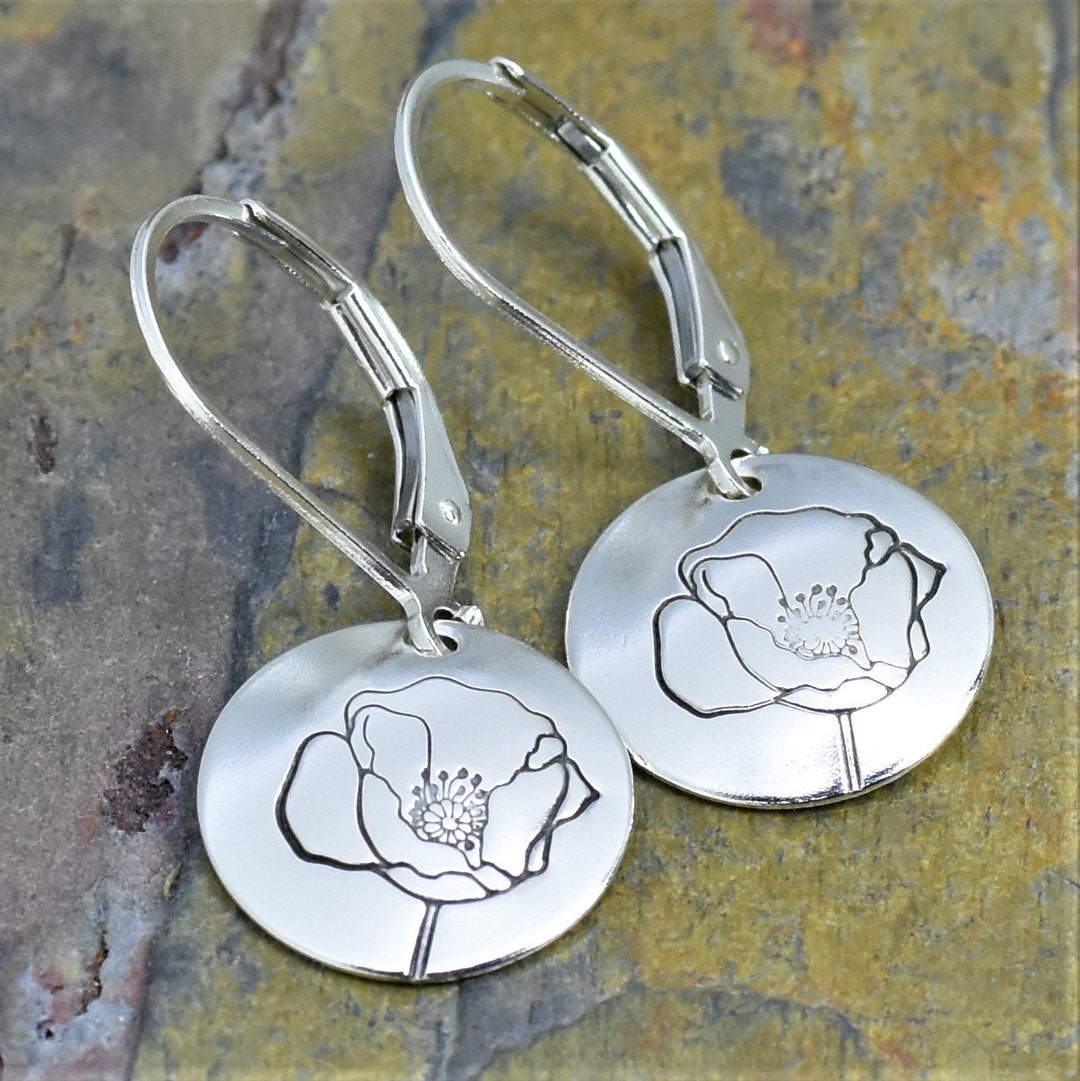 Poppy Flower Earrings, Sterling Silver, Nature Inspired, Handmade