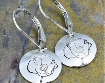 Poppy Flower Earrings, Sterling Silver, Nature Inspired, Handmade Minimalist Jewelry, Hand Stamped Design, Custom Crafted Gift for Her