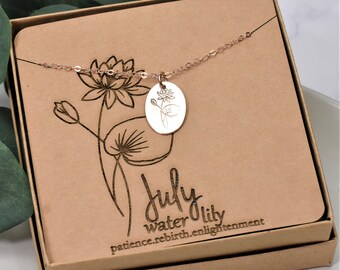 July Birth Flower Necklace, Water Lily Flower, Dainty Minimalist Floral Silver or Gold Jewelry, July Birthday Gift for Her, Mom Daughter