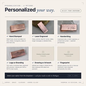 Personalization options for custom engraved copper — hand stamped fonts, laser engraved handwriting, logos, drawings, and fingerprints made to order in Michigan