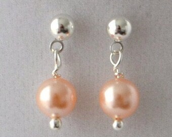 Pearl Earrings for Flower Girl, Junior Bridesmaid Jewelry, Custom Color Crystal Pearl Earrings, Hypoallergenic Post with Dangle, Silver