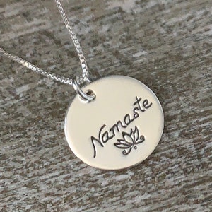 Namaste Necklace, Lotus Flower, Yoga Teacher Appreciation Gift, Present for Yogi Girlfriend, Artisan Made Stamped Sterling Silver Jewelry