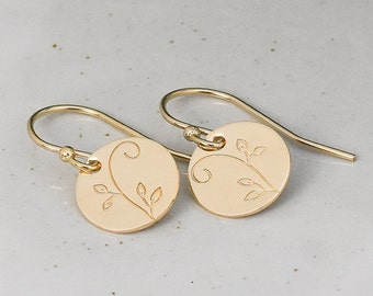Swirly Vine Earrings, Gold or Sterling Silver Jewelry, Botanical Design, Petite Minimalist Style,  French Hook or Leverback Small Dangle