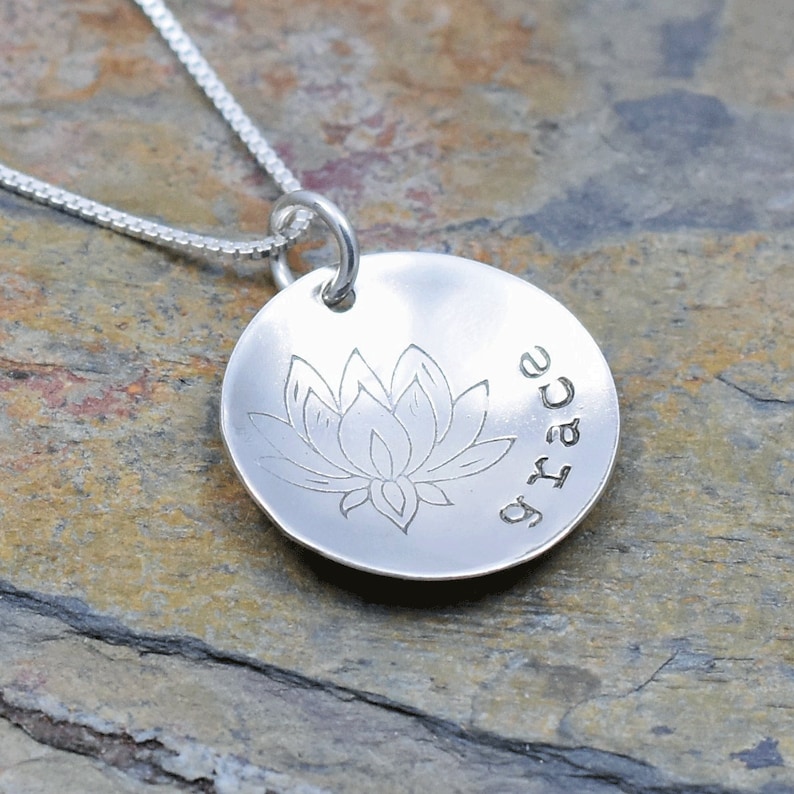 Birth Flower Jewelry with Personalized Name Lotus Flower Necklace for July Gift for Mom or Girl Artisan Handmade Sterling Silver