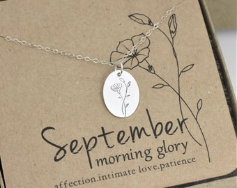 September Birth Flower Necklace with Morning Glory Design - Sterling Silver or Gold Jewelry as Gift for Daughter or Mom on Mother's Day