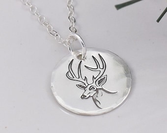 Deer Pendant Necklace, Sterling Silver Handmade Stamped Deer Hunter's Widow Gift, Trophy Buck, Stag with Antlers Design, Gift Girl Hunter