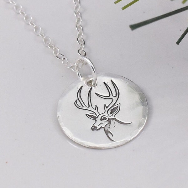 Deer Pendant Necklace, Sterling Silver Handmade Stamped Deer Hunter's Widow Gift, Trophy Buck, Stag with Antlers Design, Gift Girl Hunter