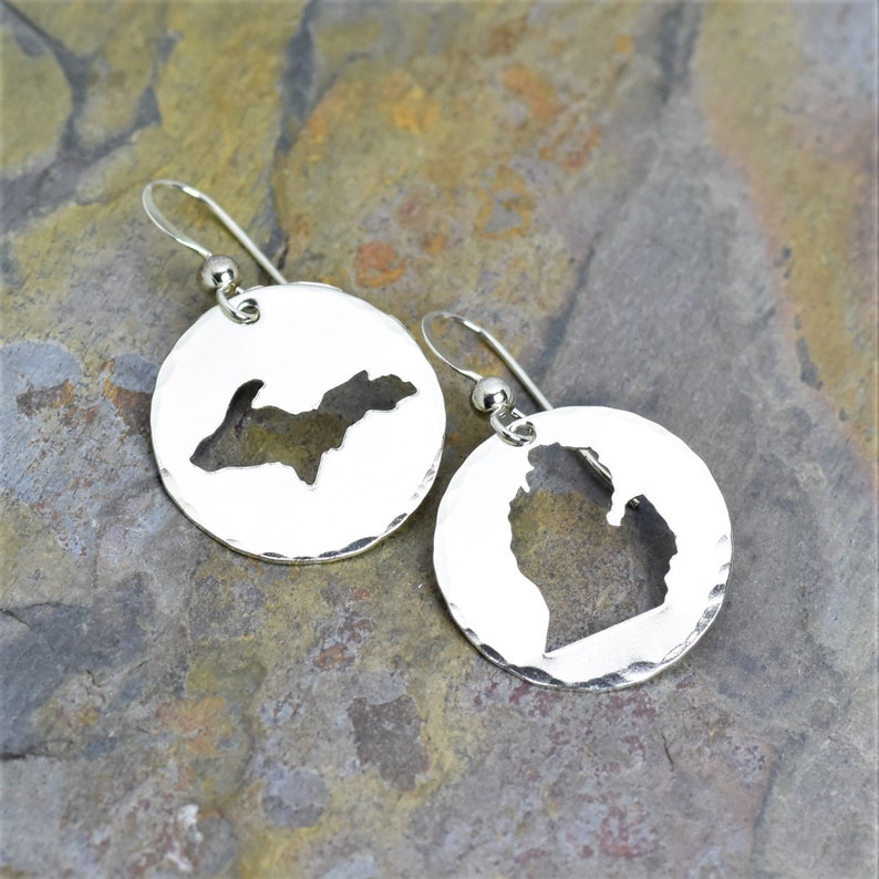 State of Michigan Earrings, Sterling Silver Jewelry Gift, Upper & Lower Peninsula, Michigander Gift ,Artisan Made Custom Stamped Design image 3